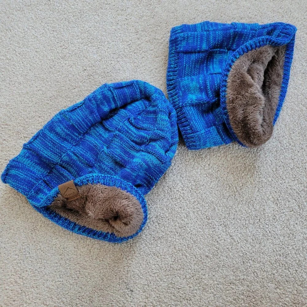 Blue Checkered Fuzzy Beanie Soft Fur Liner Ski Hat With Scarf Warm Knit Stretch - Picture 2 of 6